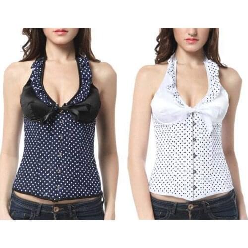 Wholesale Black And White Polka-Dotted Halter Corset With Satin Cups Sexy Dot Corset 3S3165