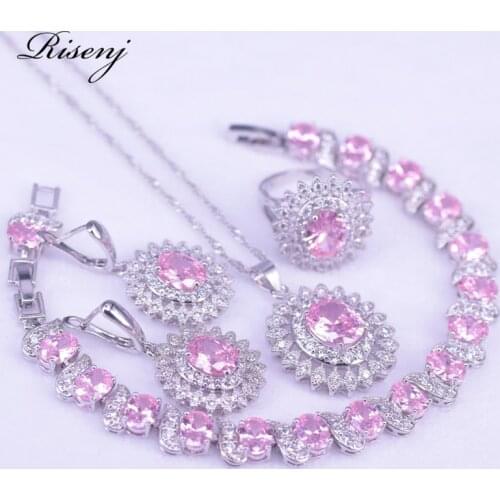 Romantic Present Pink Zircon 925 Sterling Silver Jewelry Set For Women Bridal Jewelry Set Earrings Ring Necklace Bracelet Set