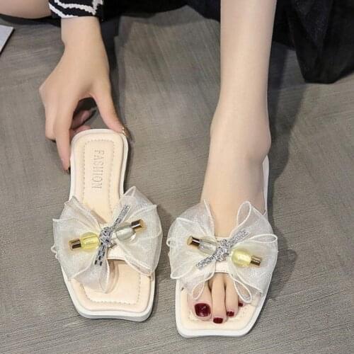 Zapatos Para Mujer Summer Designer Square Toe Women Flat Slippers Outdoor Bow Fashion Women Sandals Beach Sandals Womens Shoes