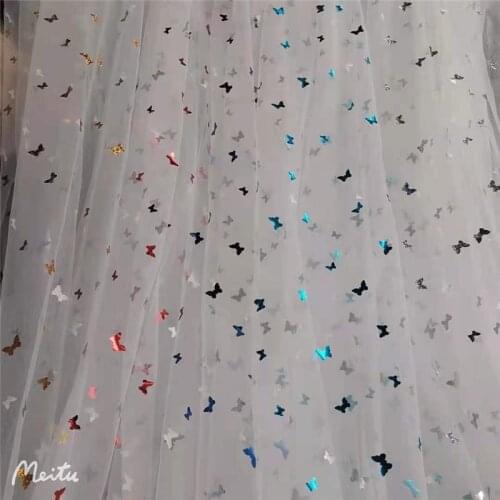 2 Yards Laser Sequined Butterfly Tulle Lace Fabric Shinny Papillon fabric For DIY Sewing Party Dress Flower Girl Veil Supply