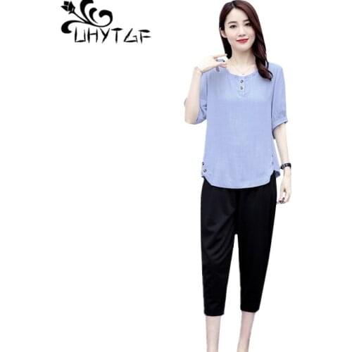 UHYTGF Women sets fashion cotton linen summer two piece set women elegant harem pants casual loose 3XL plus size womenswear 1216