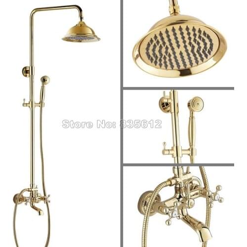 Bathroom Wall Mounted Gold Color Brass 8.2" Round Shower Head + Handheld Shower /Rain Shower Faucet Set Bathtub Mixer Tap Wgf343