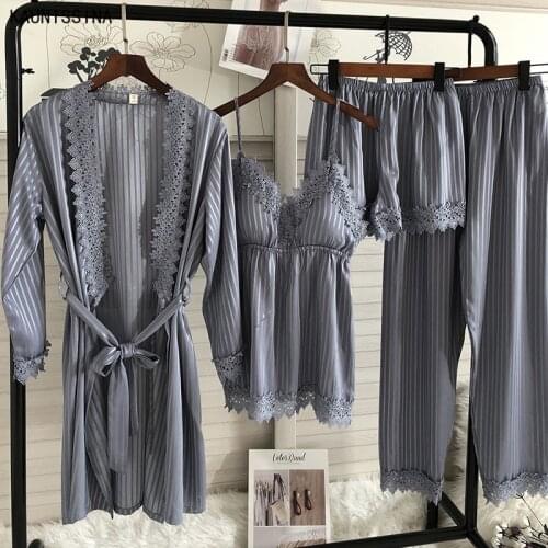 2021 Women Silk Sleepwear 4 Pieces Pyjamas Robe Sets Sexy Lace V-Neck Pajamas Sleep Lounge Homewear Suit Female Nightwear