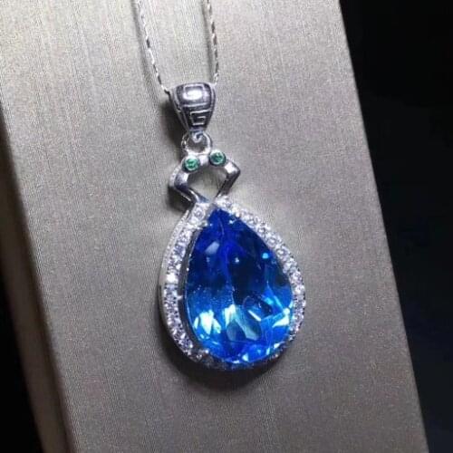 Natural 10*14mm blue topaz Pendant natural gemstone Elegant water drop pendant necklace 925 sterling silver women party jewelery
