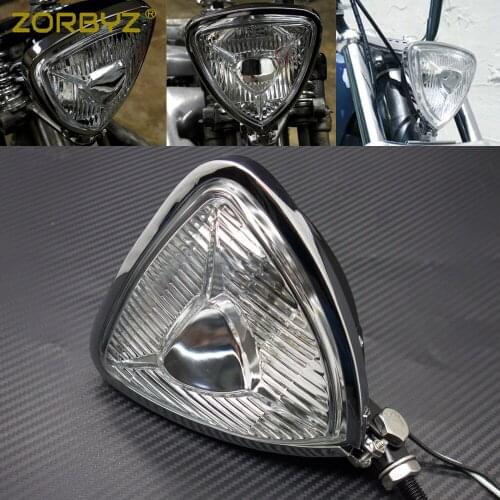 ZORBYZ Chrome Triangle Headlight Lamp Black Flat Back For Harley Chopper Cafe Racer Motorcycle