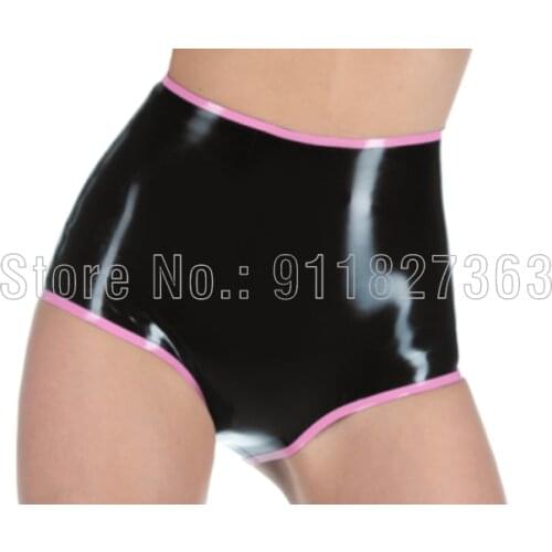 100% Latex Pants Women Hot Pants Black w Pink Trim Rubber Female Girl Tights Shorts Customized