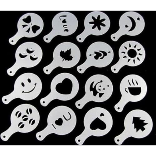 16pcs Set Coffee Flower Pattern Mold PP Plastic Cappuccin Coffe Milk Bubble Cake Model Kitchen Supplies
