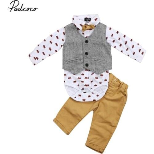 2019 Brand Toddler Baby Boy Formal Suit Waistcoat Pants Bow Tie Tuxedo Formal Outfit Set Animal Print Autumn Kids Children 3Pcs