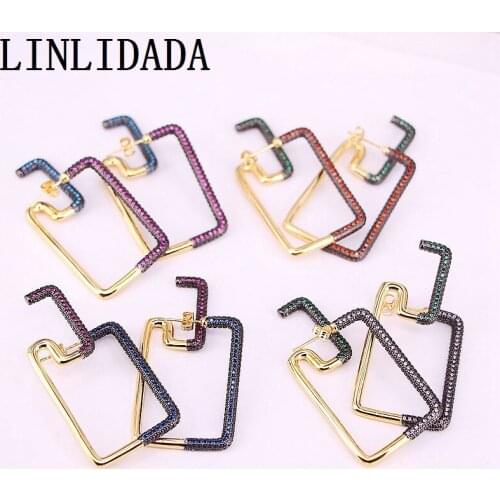 3Pairs, 28*52MM, Trendy Women Earrings Gold Color Big Size Metal Geometric Zirconia Stud Earrings Statement Earring