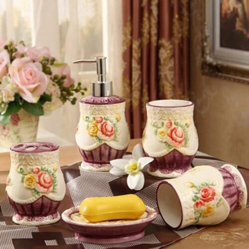 5 Pcs Floral ceramic bathroom accessories set toothpaste toothbrush holder straw for bathroom suite