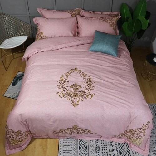 500TC 100%Cotton Gold Embroidery Duvet Cover King Queen size with Ultra Soft Bed sheet or Fitted sheet Pillow shams