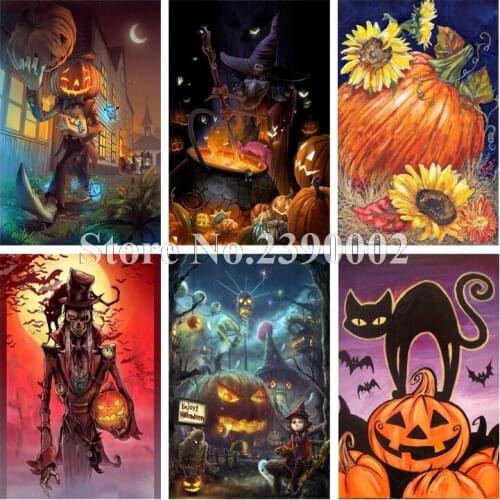 Halloween DIY Diamond Painting Cross Stitch Fall Witch Pumpkin Needlework Home Decor Full Rhinestone Mosaic Diamond Embroidery