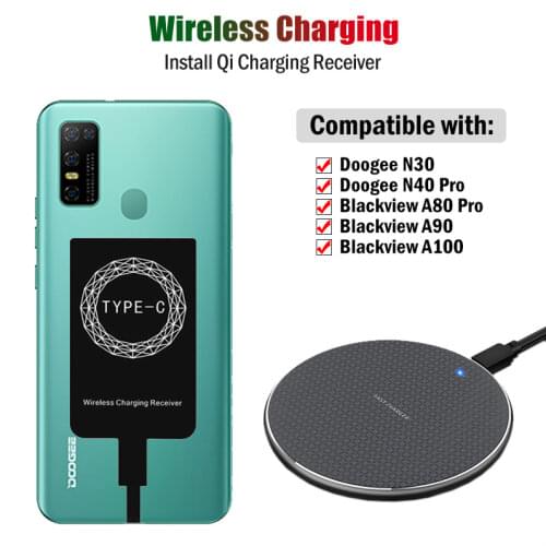 Qi Wireless Charging for Doogee N30 Blackview A80 Pro Ulefone Note 9P Oukitel C21 C19 Wireless Charger+Type-C Charging Receiver