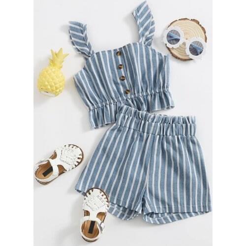 Kids Suit Set Girls Striped Square Collar Sleeveless Pullover Shirt Short Pants Summer Dusty Blue Childrens Sets