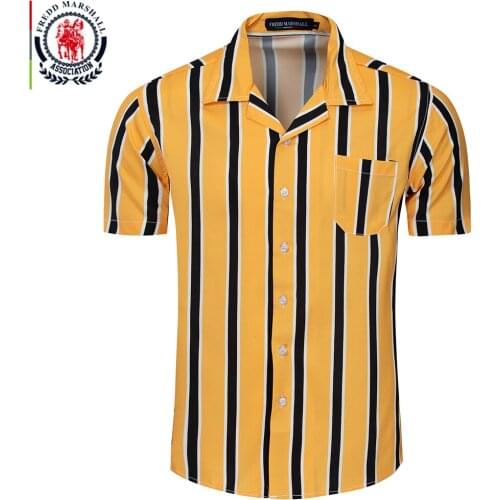Fredd Marshall Casual Vertical Striped Shirt 2019 Fashion Men Slim Fit Short Sleeve Button Down Dress Shirts With Pocket 56002