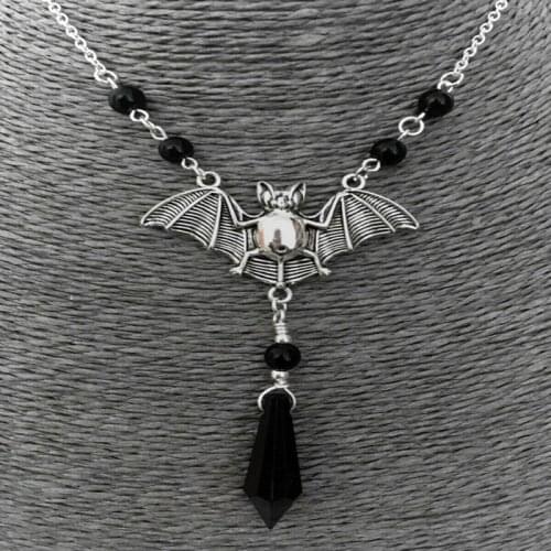 Gothic Halloween Necklace Evil Bat with Black Bead Pendant Disguise Weird Pagan Christmas Halloween Jewelry Gift