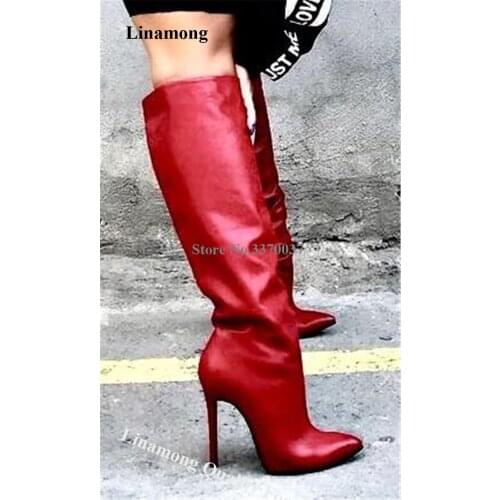 Hottest Women Fashion Pointed Toe Stiletto Heel Knee High Boots Red Leather Long High Heel Boots Wedding Dress Shoes