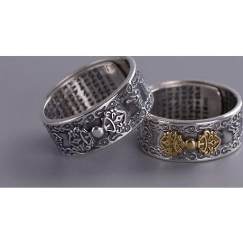 990 Sterling Silver Om Mani Padme Hum vajra rings ring Jewelry Adjustable A3413