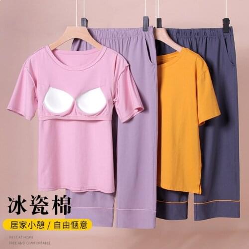 Ice porcelain cotton home service two-piece suit short-sleeved pajamas women summer thin section with chest pad can be worn out