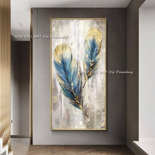 Beautiful abstract blue and gold feather Handmade acrylic oil painting on canvas wall art picture for corridor Decorate