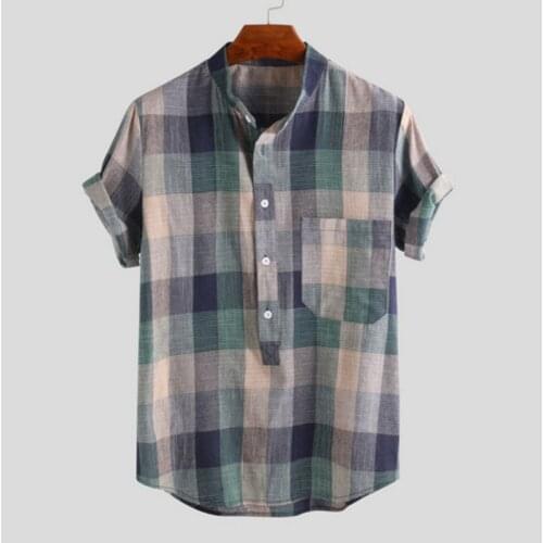 2021 Korean Casual Shirts Mens Breathable Linen Cotton Stand Collar Short Sleeve Vintage Plaid Henley Shirt