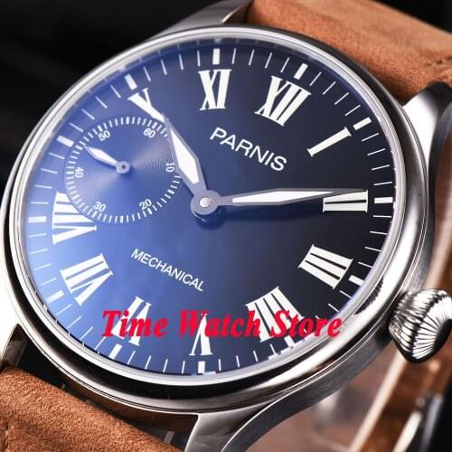 44mm Parnis black dial Roman numerals luminous 17 jewels mechanical 6497 hand winding movement mens watch 807