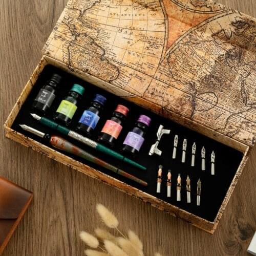 Elegant Glass Dip Pen Set 10 Pieces Nibs Black Ink Wooden Pen Birthday Present Stationery Gift Box For Children