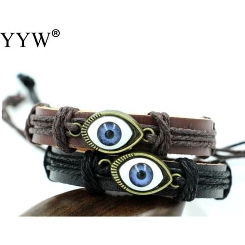 Wholesale Handmade Turkish Evil Eye Leather Adjustable Bracelet Wristband Jewelry Bijouterie Unisex Girls Woman