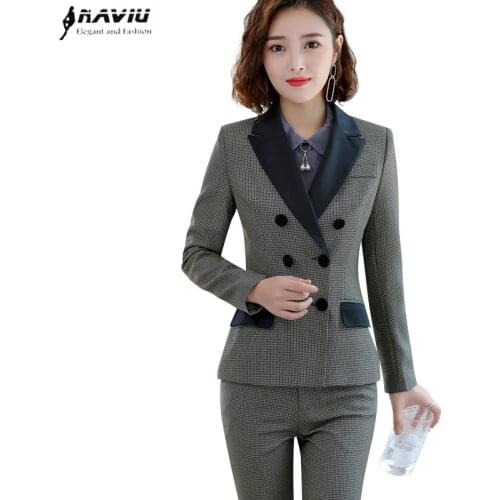 Autumn Winter New Plaid Pants Suit Women Fashion Formal Long Sleeve Double-Breasted Blazer and Trousers Office Ladies Work Wear