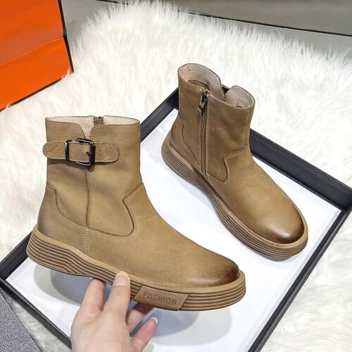 Autumn Cow Leather Ankle Boots Women Platform Short Boots Fashion Buckle Casual High-top Shoes Ladies Boots
