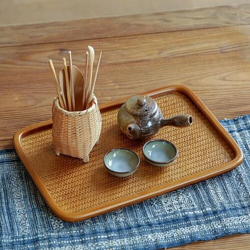 Natual Bamboo Weave Food Tray For Teacup Teapot Dessert Cake Nuts Fruit Japanese Style Serving Board Ffor Home Hotel Teahouse
