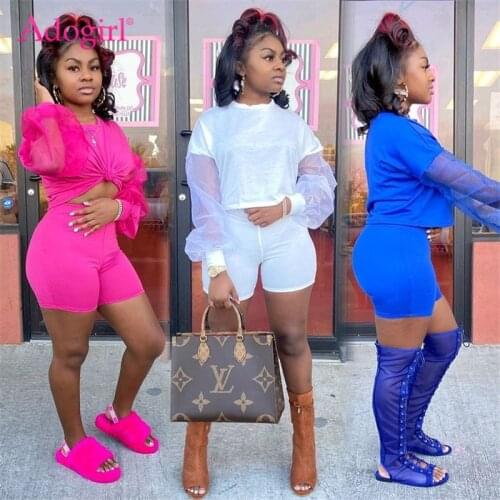 Adogirl Women Solid Organza Patchwork Tracksuit Fashion Causal Two Piece Set Long Sleeve Crop Top High Waist Shorts Suit Outfits