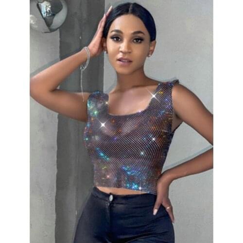 Summer New Glitter Rhinestone Push Up Tank Tops Sleeveless Hollow Out Slim See Through Bodycon Luxury Diamond Crop Top For Women