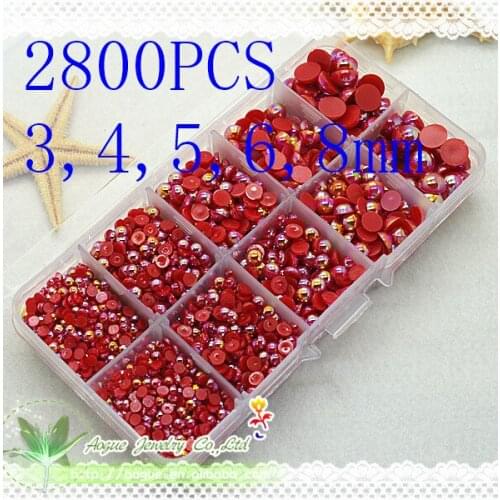 Box-Packed Red AB color Half Round Flatback Pearls 2800pcs ABS 3,4,5,6,8mm Pearl Beads|Garment Beads Accessories