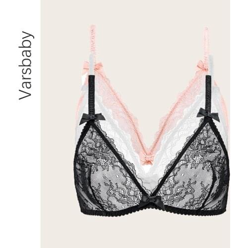 Varsbaby 3PCS/lot Sexy Lace Wire Free Bra Ultra Thin See Through Underwear Bow-knot Fashion Comfortable Plus Size
