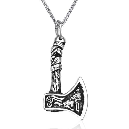 Vintage Mens Stainless steel Norse Viking Wolf Raven Axe Pendant Necklace Nordic Mythology Fashion Party Jewelry