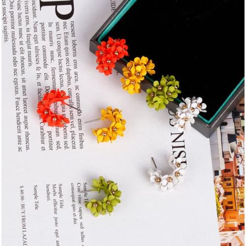 Fashion Korea Flower Hoop Earrings for Women Fabric Floral Round Drop Earrings 2020 Summer C Shape Statement Earrings Pendientes