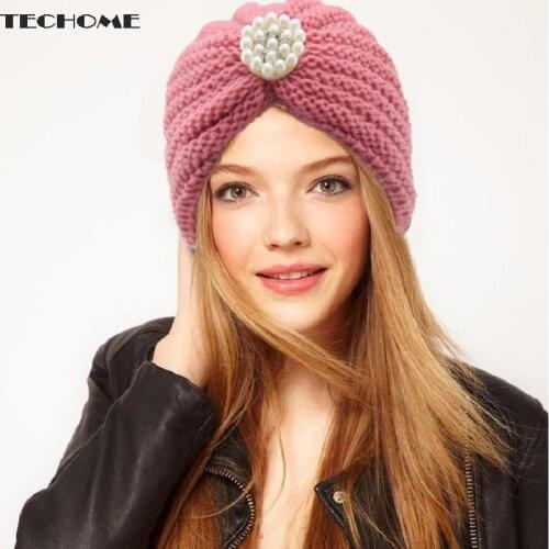 Women Fall Hats Fashion Beanies Boho Pearl Accessories Wool Warm Knitted Hat Bag Head Cap Pearl Hats Muslim Bonnets for Women