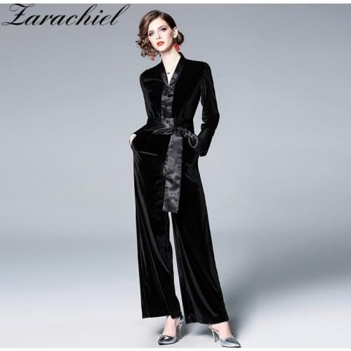 Womens Velvet Jumpsuit Long Pants 2019 Sexy V-neck Long Sleeve High Waist Bandage Playsuit Black Overalls Female Work Rompers