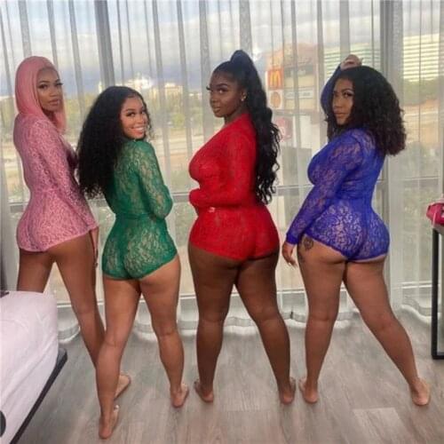 2021 Sexy Women Lace Romper Ladies Bodycon Jumpsuit V-neck Boduycon Button Long Sleeve Leotard Playsuit Bodysuit Homewear