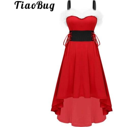 Women Red Sleeveless Faux Fur Trim Lace-up A-line High-low Hem Festival Rave Christmas Dress Cosplay Fancy Party Xmas Costume