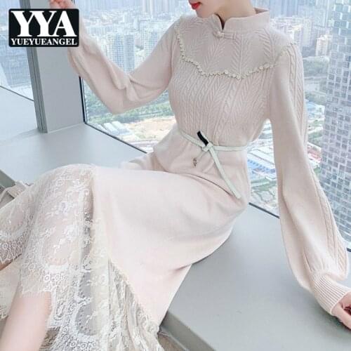 Stand Collar Knitting Spliced Lace Long Dress Ladies Thin Sashes High Waist A-Line Pullover Dress Women Elegant Autumn Winter
