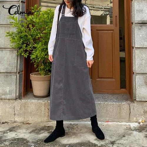Celmia Winter Women Corduroy Dress 2021 Autumn Loose Sleeveless Apron Dress Fashion Sexy Spaghetti Strap Pockets Party Midi Robe
