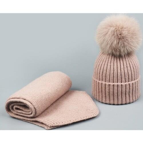 Winter Women Children Beanies Scarves Set 100% Real Fox Fur Pompoms Balls For Skullies Beanie Outdoor Warm Wool Bonnet Scarf Set