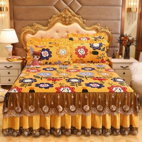 1pc Bed Skirt Soft Thicken Velvet Quilted Bed Skirt King Queen Size Printed Plush Quilting Bedspread Not Included Pillowcase