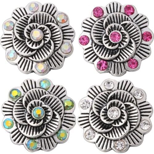 10pcs/lot New Arrival Flower Snap Button Jewelry Rhinestone 18mm Metal Snap Buttons Fit Snap Bracelet for Women Men