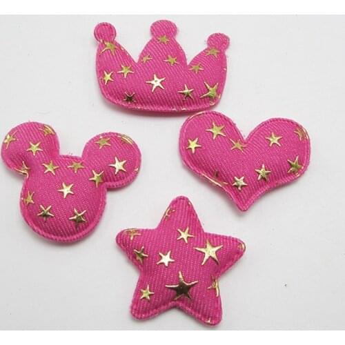 100pcs/lot Pink Denim Crown Heart S padded applique Crafts with Gold stars for headwear bag shoe garment DIY accessories