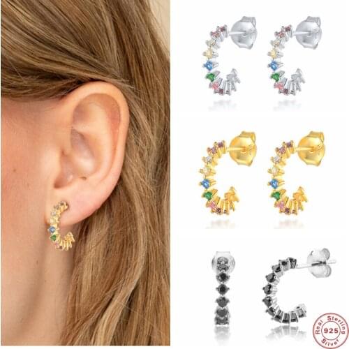 Aide 925 Sterling Silver Rainbow Zircon C Shape Stud Earrings For Women Girls Colorful Crystal Half Circle Ear Stud Fine Jewelry