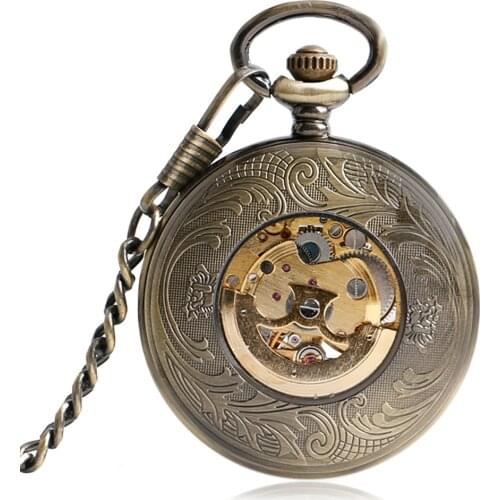 Automatic Mechanical Ancient Hollow Pocket Watch Male Retro Dial Exquisite Pattern Back Cover Thick Chain Pendant Collection