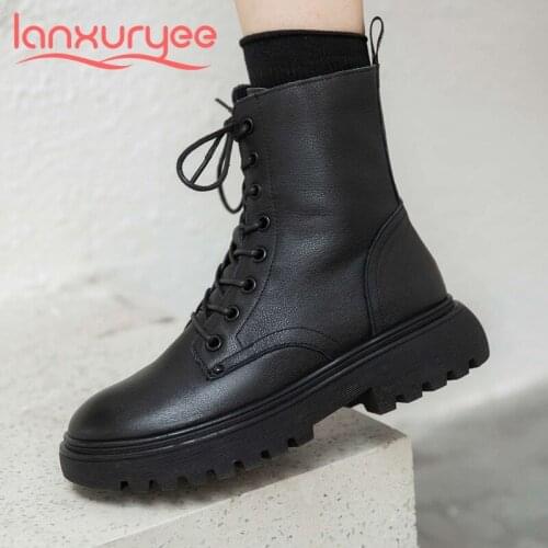 Lanxuryee cow leather round toe thick bottom riding boots classic colors winter keep warm fashion handmade cozy ankle boots L22